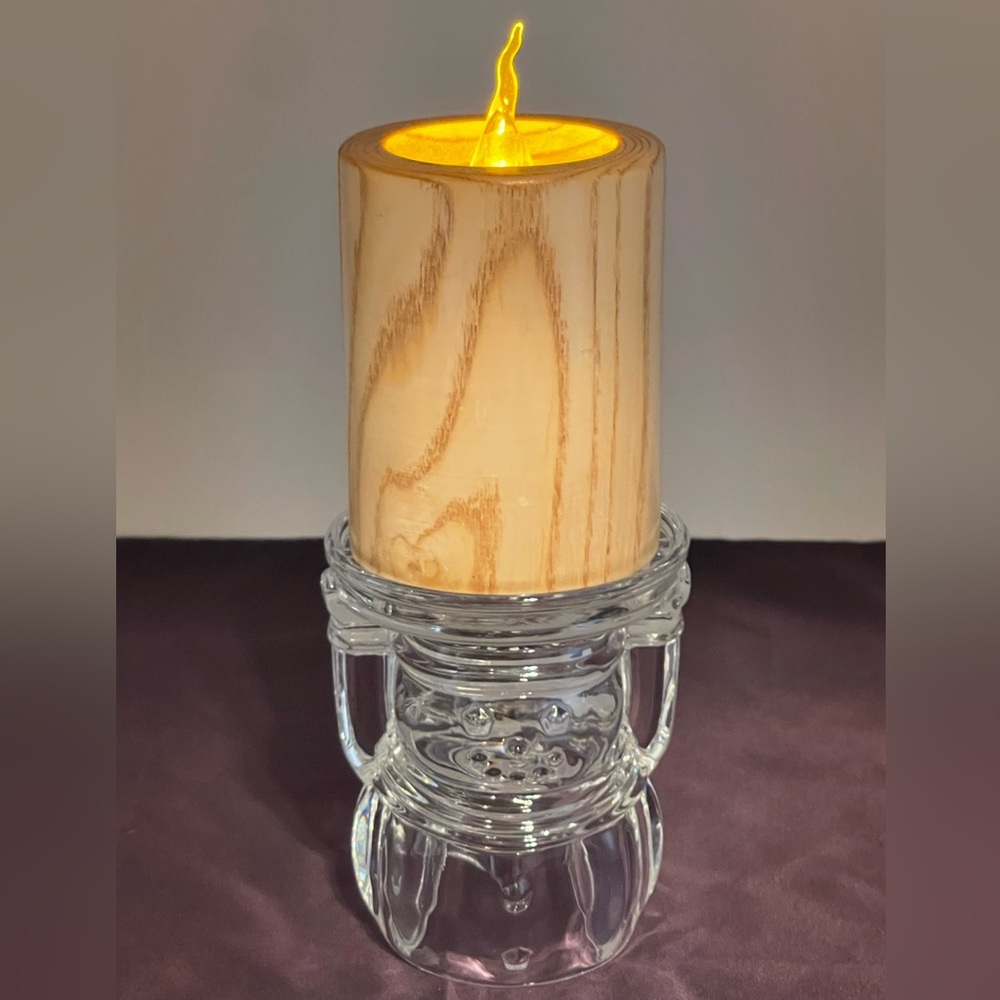 Vintage DePlomb 24% Lead Crystal Clear Glass Christmas Snowman Candle Holder.